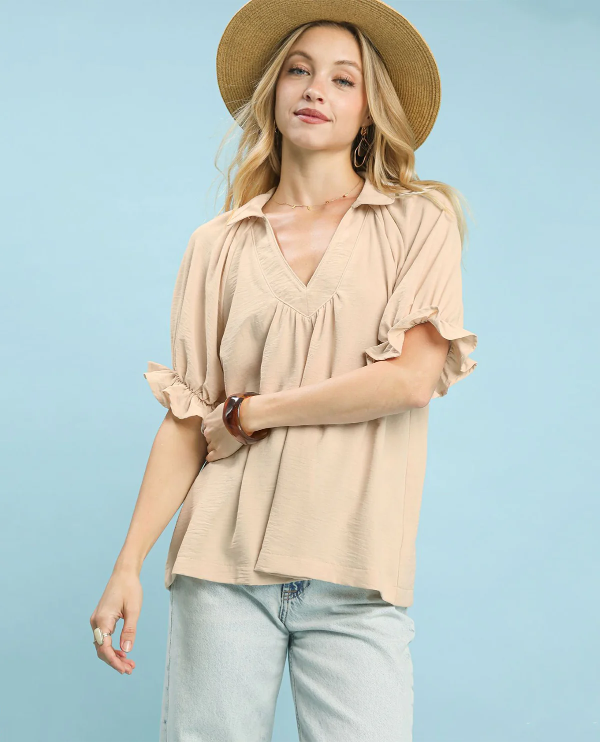 Umgee Solid V-Neck Top With Short Puff Sleeves