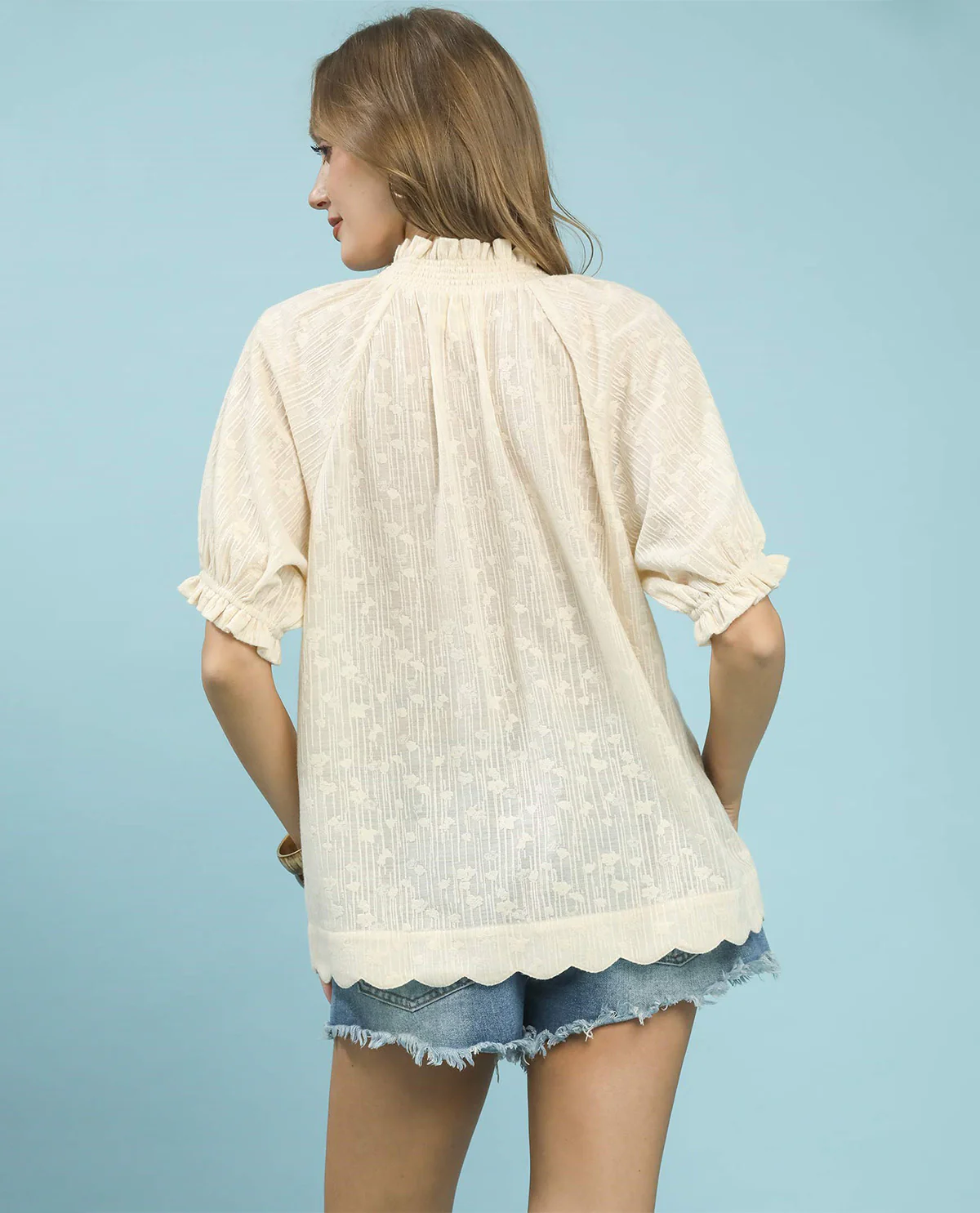 Umgee Solid V-Neck Top With Smock Collar Cream - Image 3
