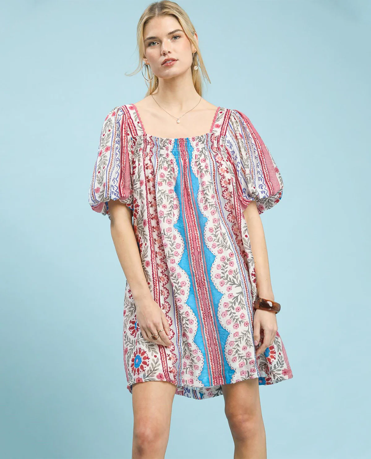 Umgee Square Neck Print Dress Blue