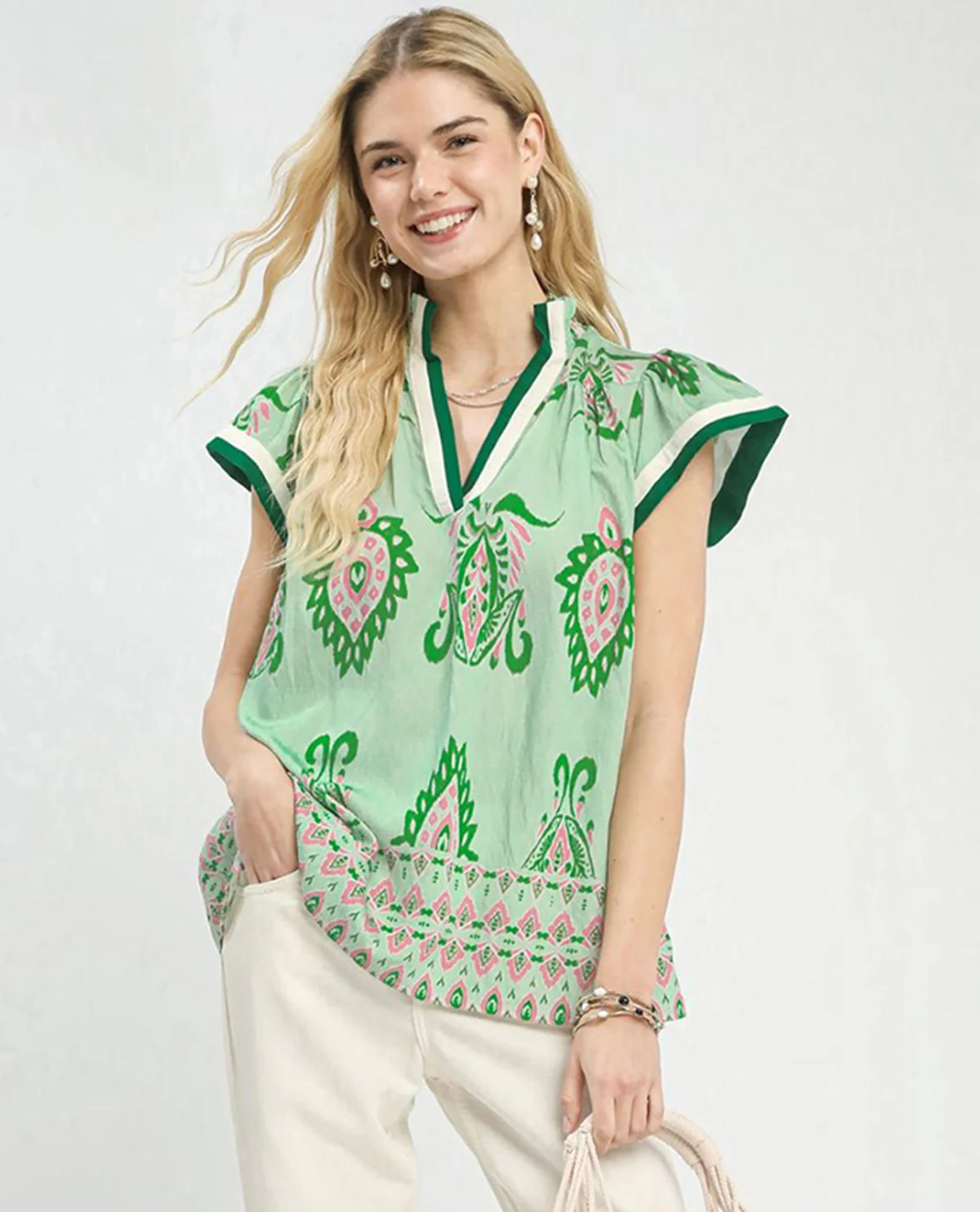 Umgee V-Neck Smocked Collar Top Green