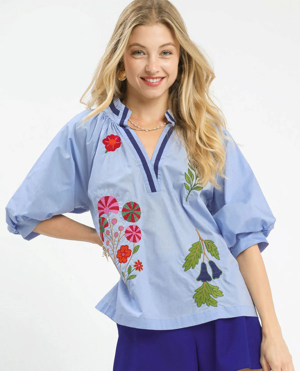 Umgee Embroidered Floral V-Neck Top Periwinkle