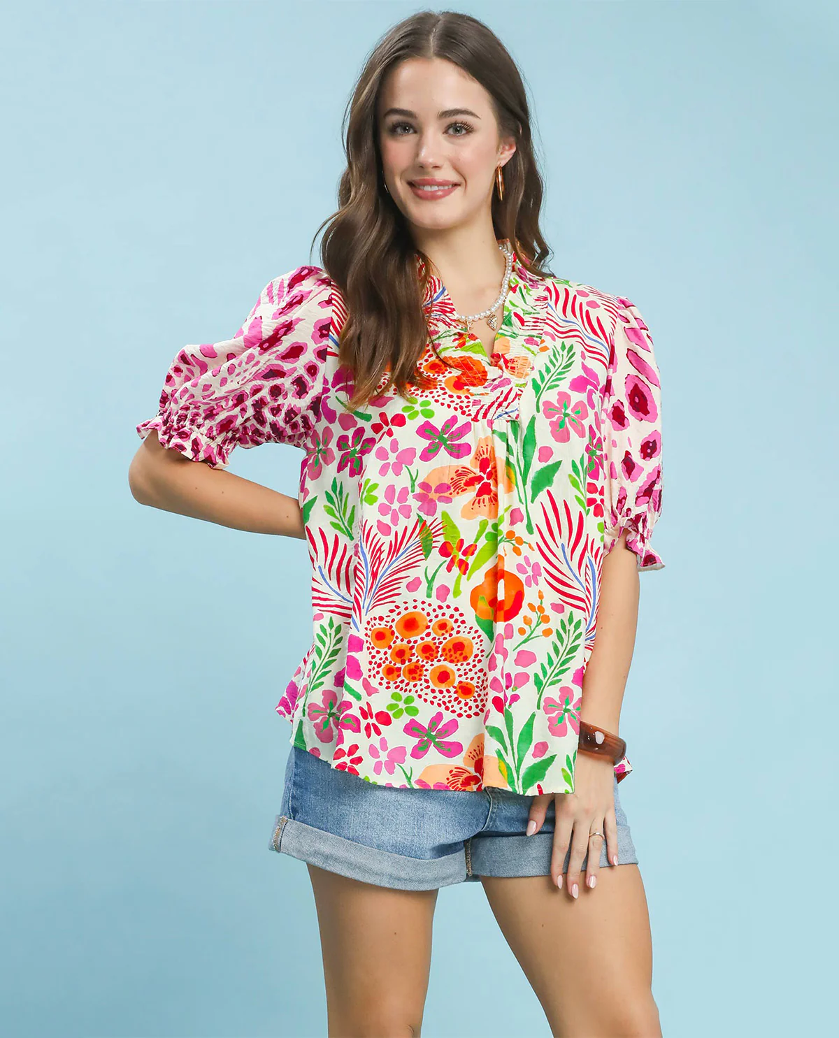 Umgee V-Neck Ruffle Trim Print Top Pink
