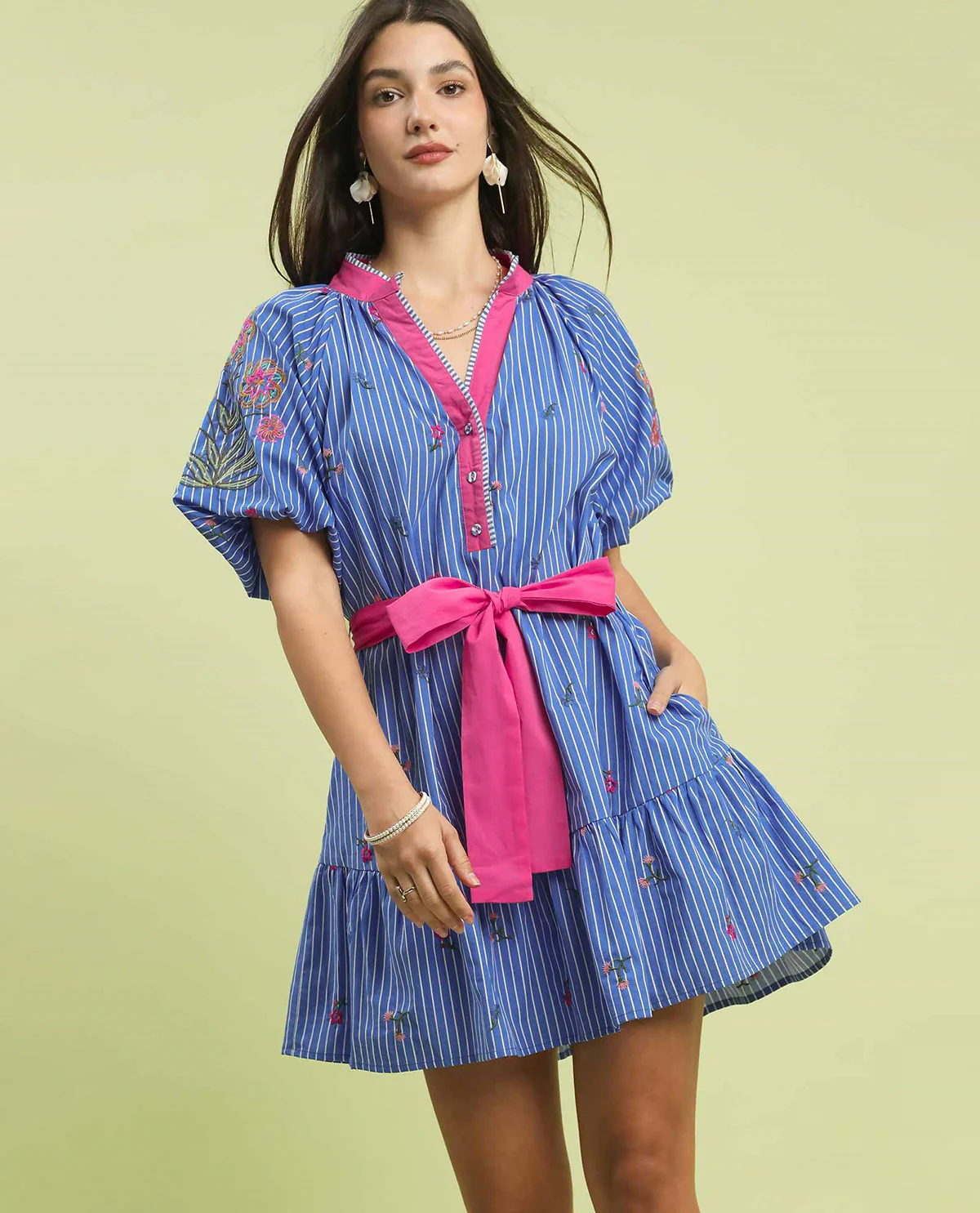 Umgee V-Neck Embroidered Stripe Dress Blue