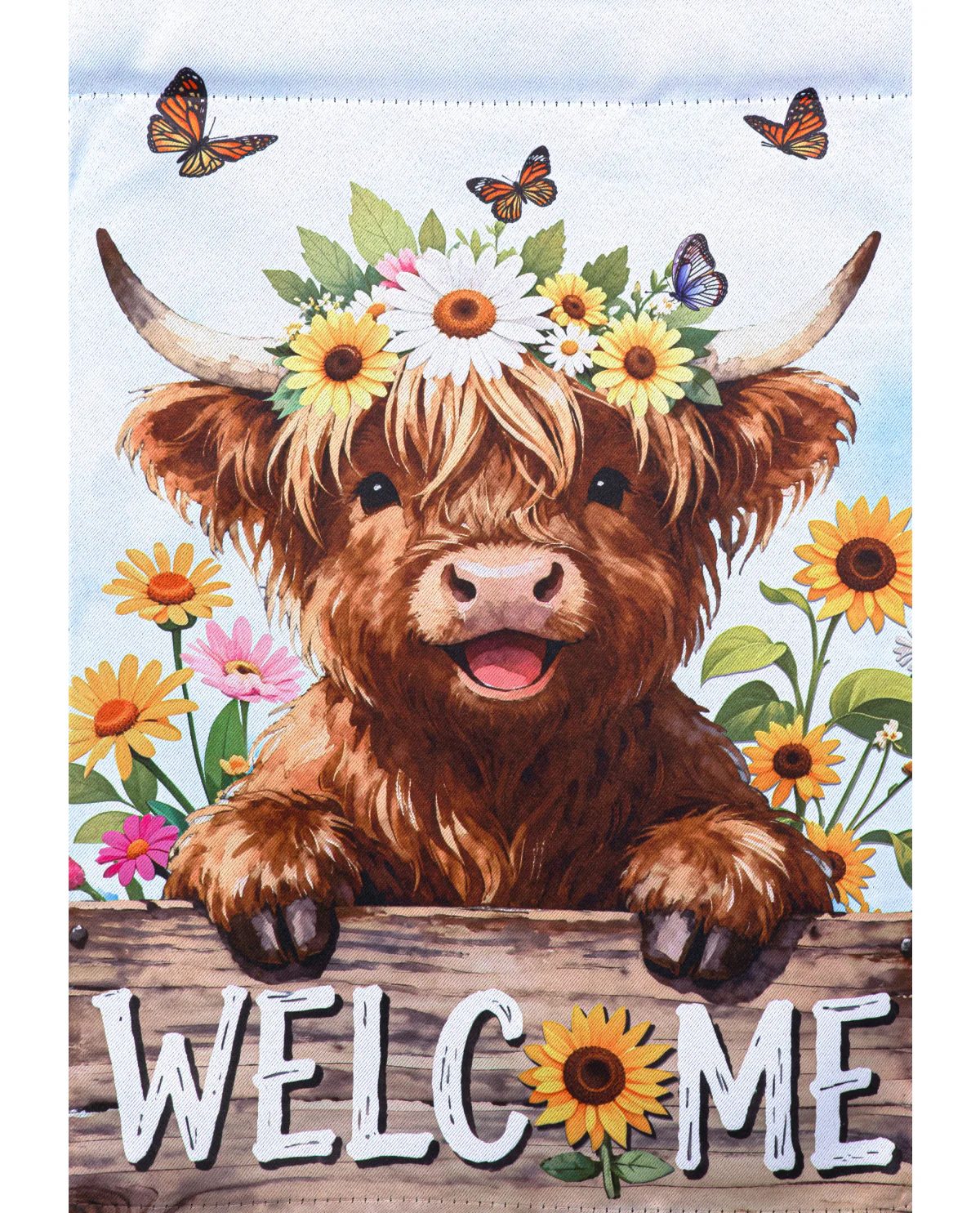 "Welcome" Highland Cow Suede Garden Flag