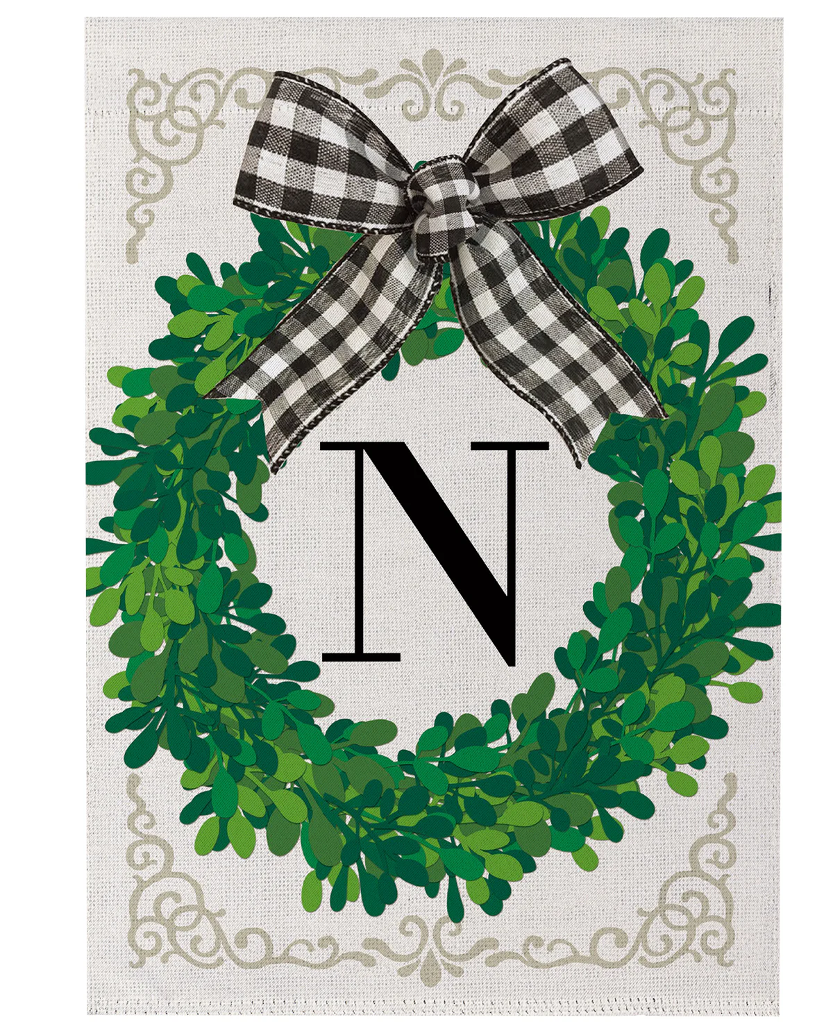 Evergreen Wreath Monogram Garden Flag Letter N