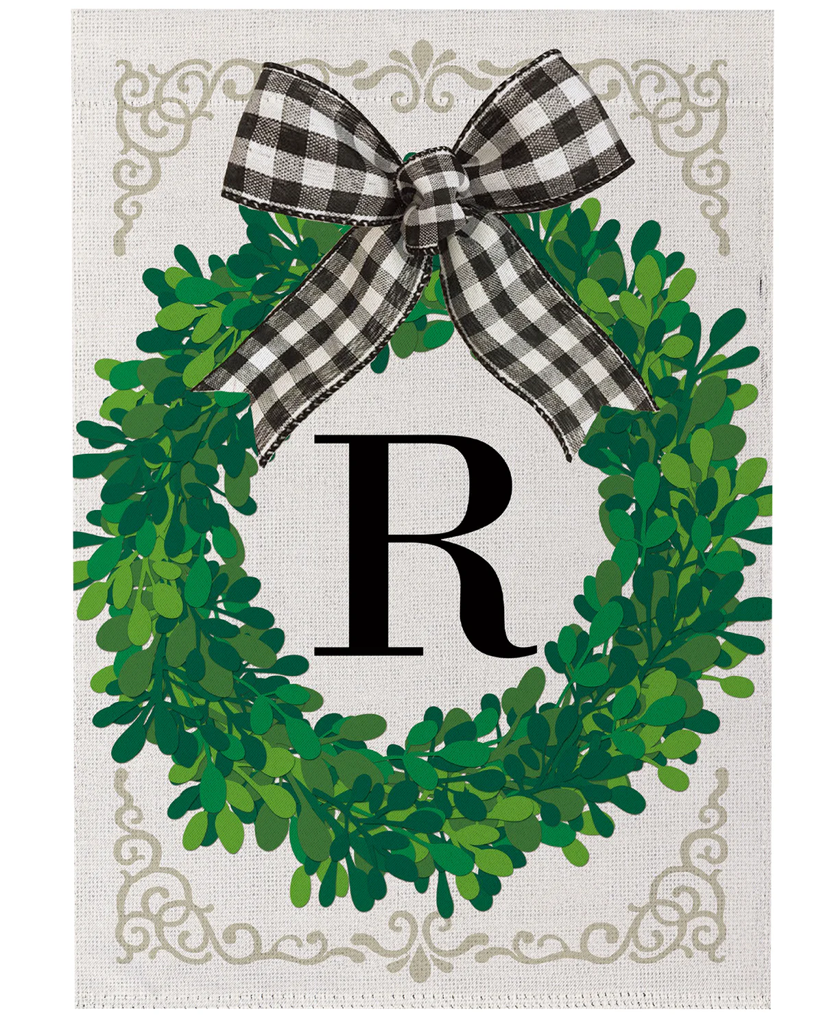 Evergreen Wreath Monogram Garden Flag Letter R