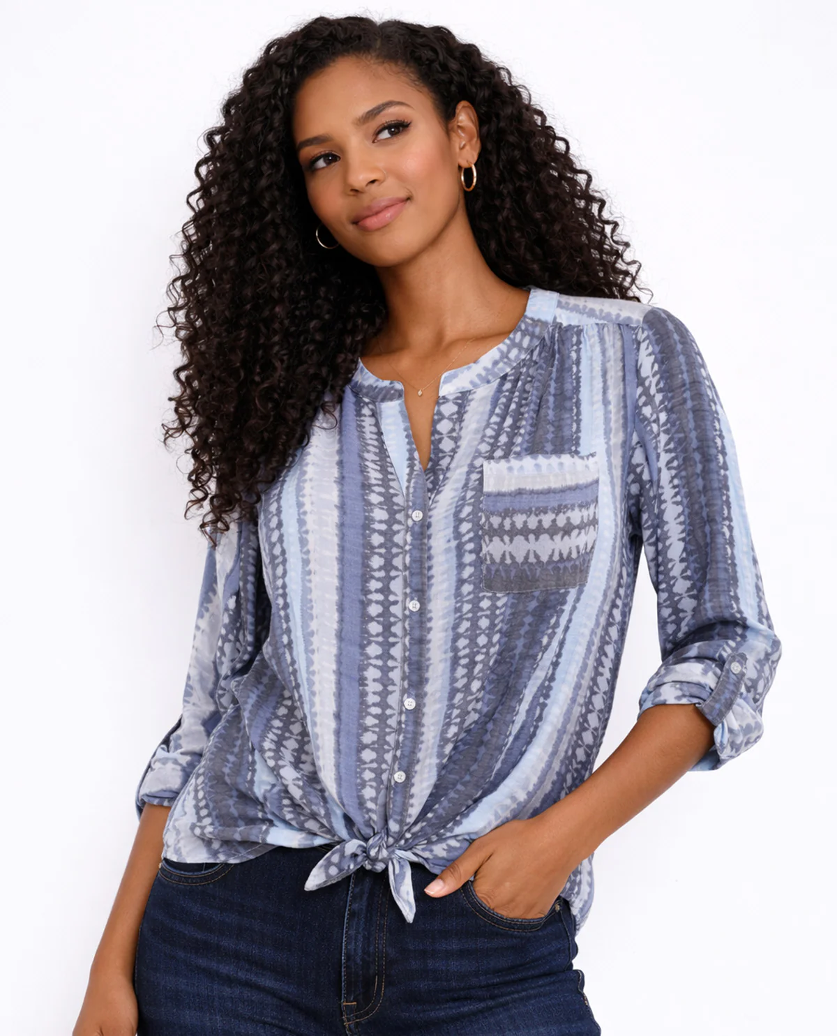 Zac & Rachel Printed Slub Tie Front Blouse - Image 2