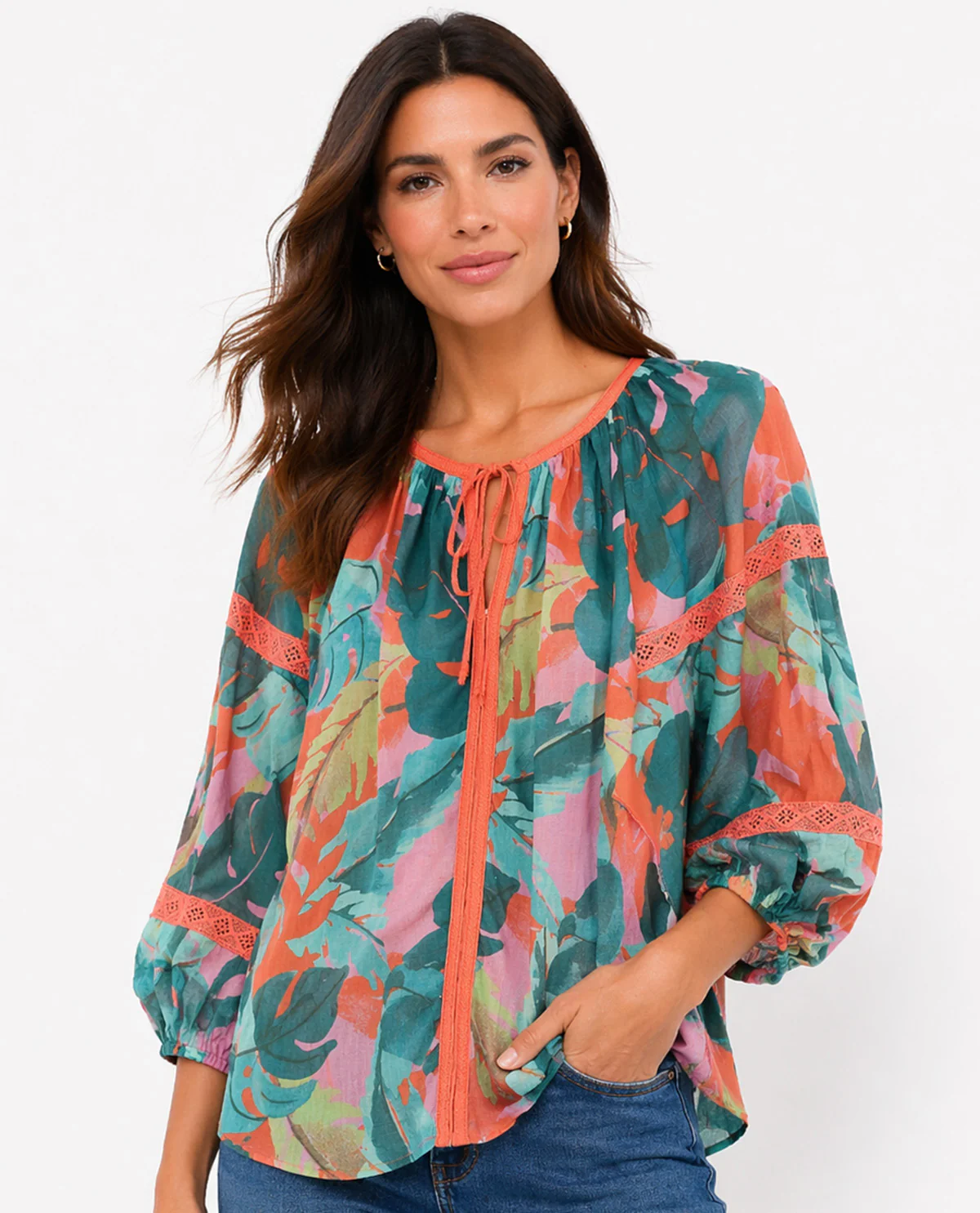 Zac & Rachel Print Tropical Slub Top Pink Tomato
